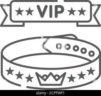 Vip wristband line black icon. Bracelet for entering various events. All inclusive. Red ribbon with five stars. Sign for web page, mobile app, button Stock Vector