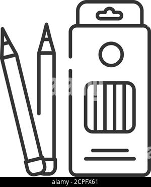 Box colored pencils black line icon. Tools for drawing concept. School supplies. Sign for web page, mobile app, banner, social media. Editable stroke. Stock Vector