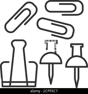 Paper button, clips and staples black line icon. Tems for fasteners notes concept. School supplies. Sign for web page, mobile app, banner, social Stock Vector