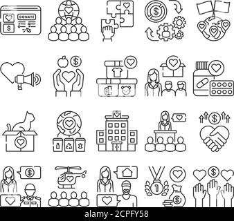 Volunteering black line icons set. Non profit community. Humanitarian aid. Signs for web page, mobile app, banner, social media. Editatable stroke. Stock Vector
