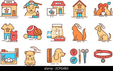 Pet care color line icons set. Providing great services for pets. Improving their life. Pictogram for web page, mobile app, promo. UI UX GUI design Stock Vector