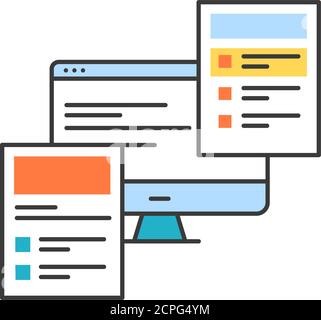 Front-end development color line icon. Practice of converting data to a graphical interface, through the use of HTML, CSS, and JavaScript. UI UX GUI Stock Vector