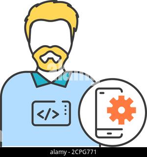 Mobile app developer color line icon. The software engineer is engaged in testing and programming applications. Icon for web page, mobile app, promo Stock Vector