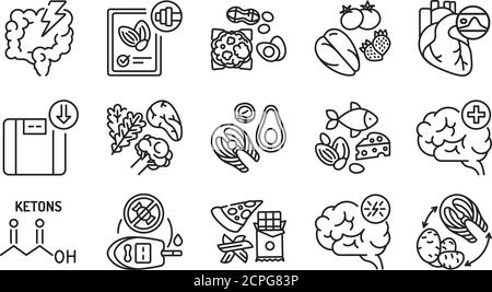 Ketogenic diet black line icons set. Very low-carb, high-fat diet. Reducing carbohydrate intake and replacing it with fat. Pictogram for web page Stock Vector