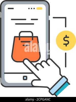 App purchase color line icon. Refers to the buying of goods and services from inside an application on a mobile device. UI UX GUI design element Stock Vector