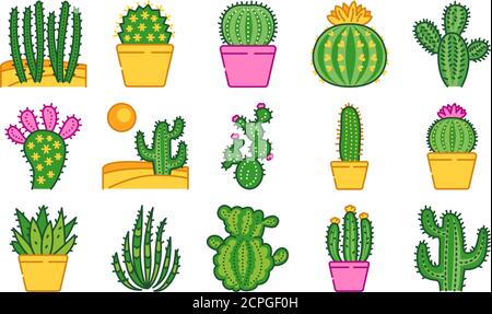 Cacti color line icons set. Different types of cacti. Pictograms for web page, mobile app, promo. UI UX GUI design elements. Editable stroke. Stock Vector