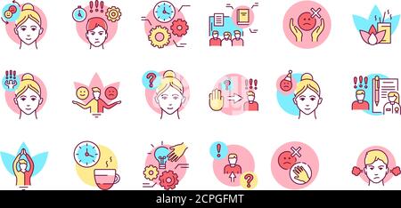 Self control color line icons set. Ability to regulate one's emotions, thoughts, and behavior in the face of temptations Pictogram for web page Stock Vector