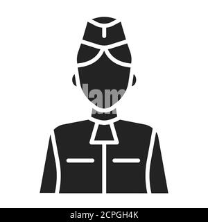 Stewardess black glyph icon. Member of an aircrew employed by airlines aboard commercial flights. Pictogram for web page, mobile app, promo. UI UX GUI Stock Vector
