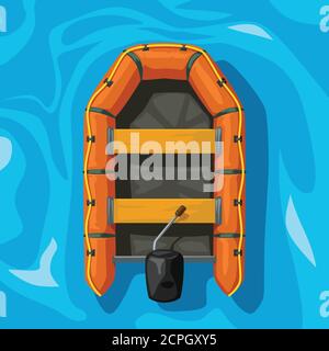 orange color inflatable boat on blue water Stock Vector