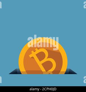 golden bitcoin falling in hole on blue Stock Vector