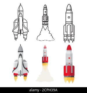 Cartoon and doodle line space rockets set vector illustration. Rocket spacecraft, ship and spaceship Stock Vector