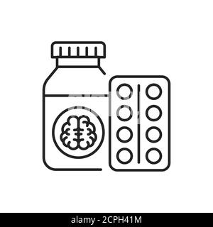 Pill bottle and blister line black icon. Pharmaceutical product. Dementia treatment. Sign for web page, mobile app, button, logo. Editable stroke Stock Vector