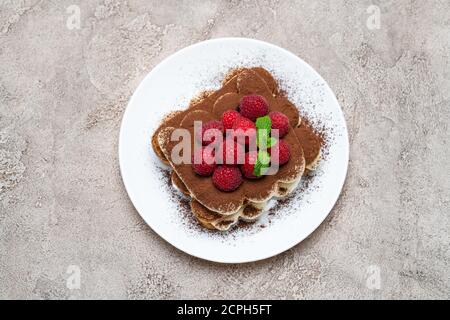 portion of Classic tiramisu dessert with raspberries on grey concrete background Stock Photo