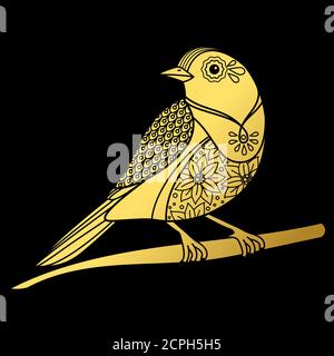 Gold ornate doodle bird on black backdrop. Vector gold bird graphic animal golden illustration Stock Vector
