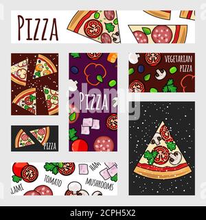 Cartoon pizza banners template. Fast food label, banner, flyer design. Pizza flyer for restaurant illustration, template of fast food Stock Vector