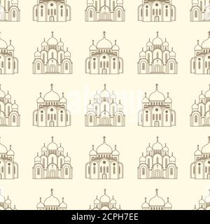 Line orthodox church buildings seamless pattern. Illustration of church seamless pattern Stock Vector