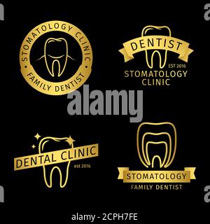 Gold stomatology, dental clinic line vector logo templates on black background. Medical dentist, stomatology logotype illustration Stock Vector