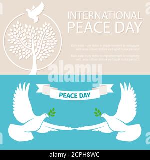 Peace Day vector banners template with doves and tree leaves on blue background Stock Vector