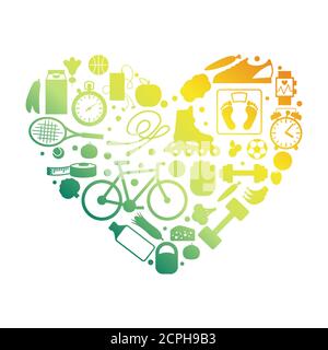 Heart sport equipment silhouettes vector emblem isolated. Illustration of fitness elements bicycle and player, dumbbell and rollers Stock Vector