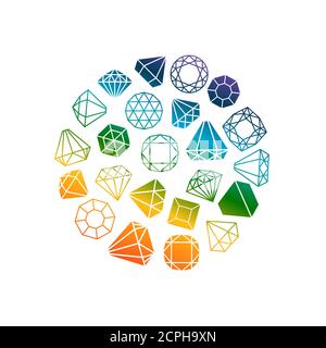 Brilliants, diamonds icons round banner on white background, vector illustration Stock Vector