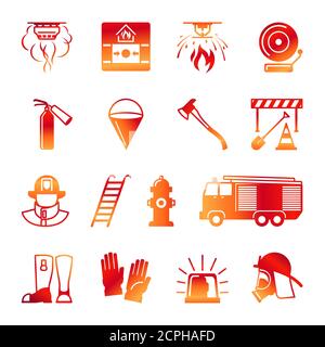 Firefighter colorful icons. Fireman and fire equipment, alarm and fire axe signs isolated on white, vector illustration Stock Vector