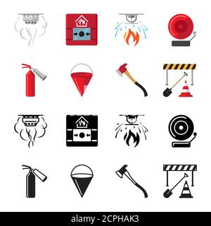 Fire safety flat icons vector of set. Illustration of fire safety, alarm bell protection Stock Vector