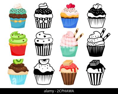 Cupcake set vector illustration. Colorful and silhouettes sweet cakes Stock Vector