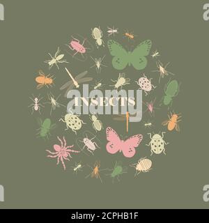 Vintage colors insect icons in round shape, vector illustration Stock Vector
