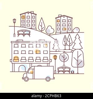City landscape vector illustration with homes, transport, parks Stock Vector