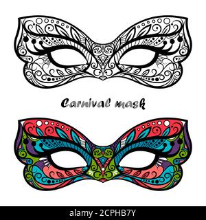 Coloring page carnival masks isolated on white background. Festive masks vector design Stock Vector