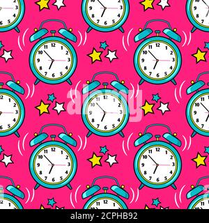 Bright alarm clock and stars seamless pattern, vector ilustration Stock Vector