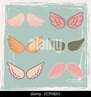Vintage style angels wings set on blue beckground, vector illustration Stock Vector