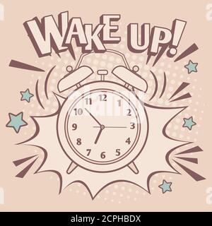 Vintage style wake up poster with alarm clock and decorative elements, vector illustration Stock Vector