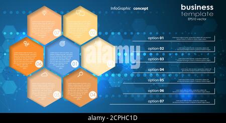 EPS 10 vector file for business info graphic template designs, team work concepts and data information with seven process options Stock Vector