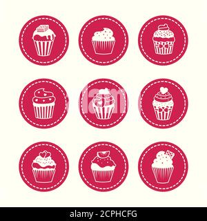 Cupcakes icons set. Bakery patches and icons with cakes vector illustration Stock Vector