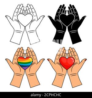 Hands and heart icons - line, colorful, rainbow and red heart in hands isolated on white background. Illustration of hand with red love heart, rainbow lgbt Stock Vector