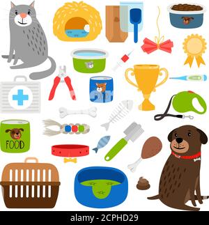 Cat and dog items. Stuff for cats and dog infographic service and animal store, medication and grooming item set vector illustration Stock Vector