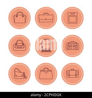 Purses and busines bags patches set. Line bags vector icons. Illustration of bag and purse, leather accessory handbag Stock Vector
