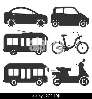 Ground transport silhouettes icons. Bus, cars, bicycle isolated on white background, vector illustration Stock Vector