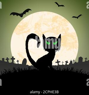 spooky cat in front of a full moon with grave stones and other scary illustrated elements for Halloween background layouts Stock Vector