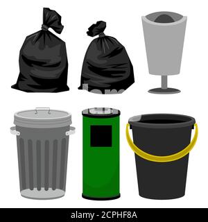 Plastic and metallic bins, black plastic bags for garbage. Vector bin and bag rubbish, plastic container illustration Stock Vector