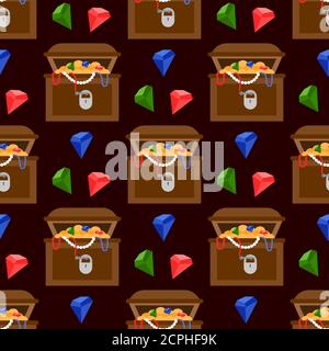 Treasure chest and color diamonds seamless pattern. Diamond in chest, cartoon pirate wealth illustration Stock Vector