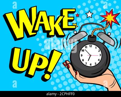 Wake up alarm clock. Hand holding clock pop art style vector illustration Stock Vector