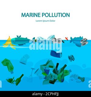 Marine pollution vector illustration with water and garbage. Pollution water, trash plastic in ocean Stock Vector