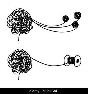 Tangled and untangled brain metaphor. Psychotherapy results vector concept. Illustration of untangle psychotherapy, graphic brainstorming metaphor Stock Vector