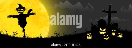 eps vector file with dark scarecrow in front of full yellow moon with scary illustrated elements for Halloween background layouts Stock Vector