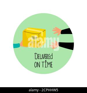 Delivered on time vector icon with package and hands. Illustration of box package delivery, service express delivering Stock Vector