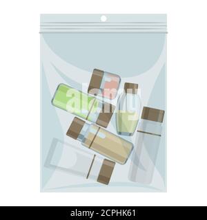 Liquid cabin size plastic bag with cosmetics bottles vector. Illustration of container pack, product bottle, perfume and cosmetic Stock Vector
