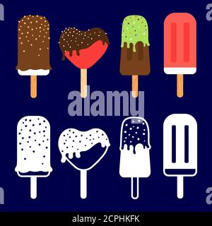 Eskimo pie vector set. Colorful and silhouette ice cream vector illustration Stock Vector
