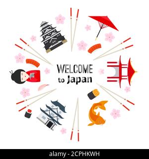 Japanese symbols round emblem isolated on white background, with carp fish, temples and oriental umbrella, vector illustration Stock Vector